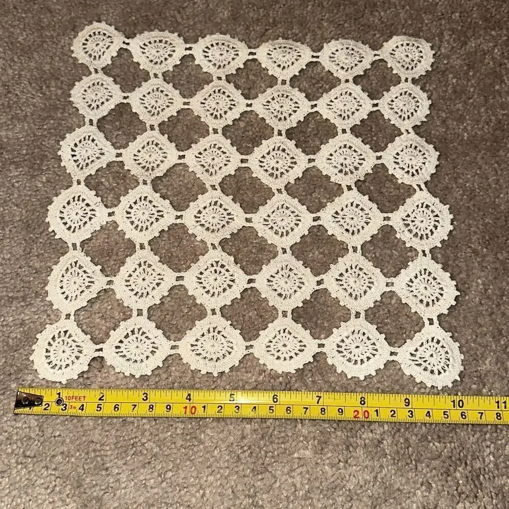 3 Antique Handmade Beige Crochet Rectangle & Square doilies ￼ 22”x 10”/10”x10”